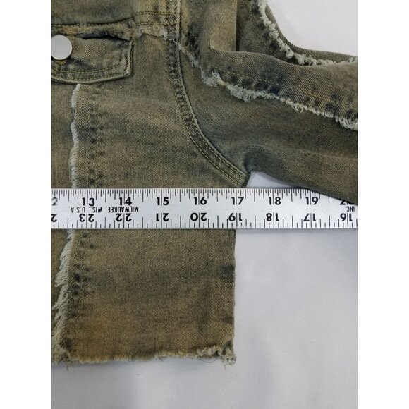 Y2K Denim Jacket & Pants Set Size M Distressed Olive Green Raw Edges Cropped Jac - Picture 12 of 16
